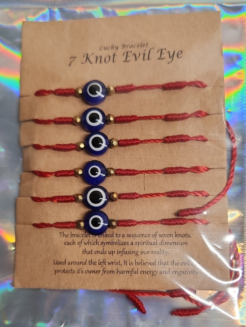 7-Knot Evil Eye Bracelet Set with Red Cord and Blue Beads X 6
